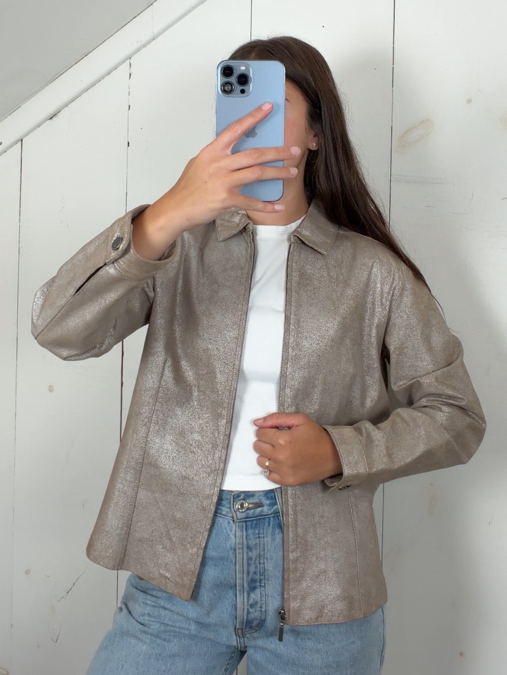Chicos Silver Gold Metallic Leather Jacket Womens 1 S/M Y2K Lightweight Full Zip